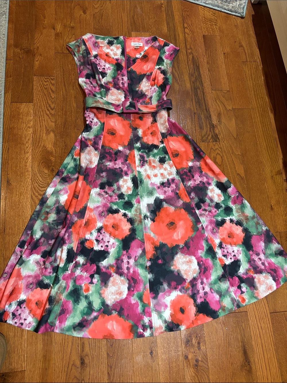 Calvin Klein Woman’s ' Floral Fit-and-Flare Dress in Coral, Pink & Green